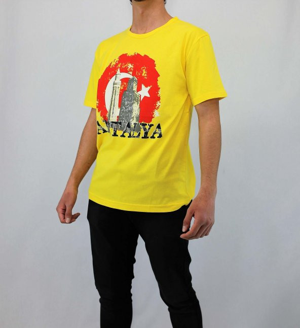 Sarı antalya saat kule baskılı tshirt - 2