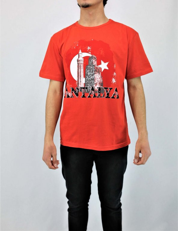 Kırmızı antalya saat kule baskılı tshirt - 1