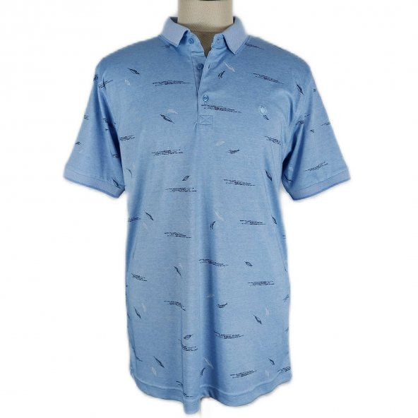 1002-13 Açık Mavi Küçük Yaprak Desenli Polo Yaka Klasik T-shirt