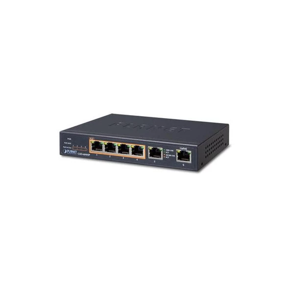 PL-GSD-604HP Yönetilemeyen Masaüstü Tip Switch (Unmanaged Desktop Switch) 4-port 10/100/1000T IEEE 802.3at/af PoE+ injector (Per port 30 watt) (PoE Güç Bütçesi maks. 55 Watt) 2-port 10/100/1000T