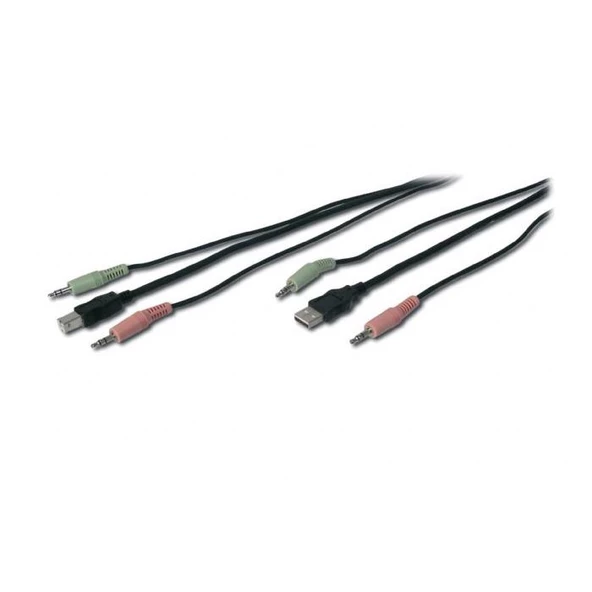 AK 82201 KVM Switch için Ses + USB Kablo Seti, 2 x 3,5 mm Erkek; USB A Erkek <-> 2 x 3,5 mm Erkek; USB B Erkek, siyah renk, 1,80 metre