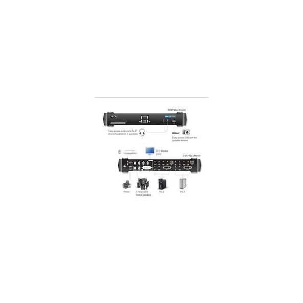 ATEN-CS1782A 2 Port USB Dvi Dual Link KVMP™ (Keyboard/Video Monitor/Mouse) Periferi Switch, 3D desteği - 3