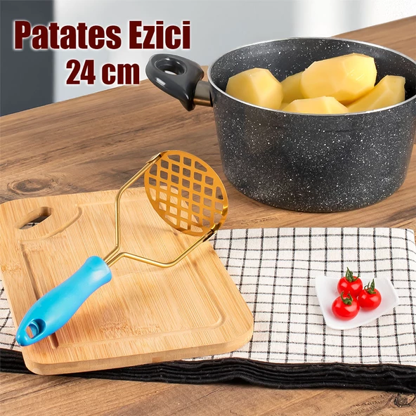 Porsima Patates Ezici Paslanmaz Metal Patates Ezici Püre Yapıcı Renkli Patates Ezeceği 24cm - Mavi