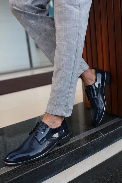 Erkek Lacivert Rugan Damatlık ve Günlük Kullanım Neolitik Rahat Klasik Ayakkabı 573-1 - 2