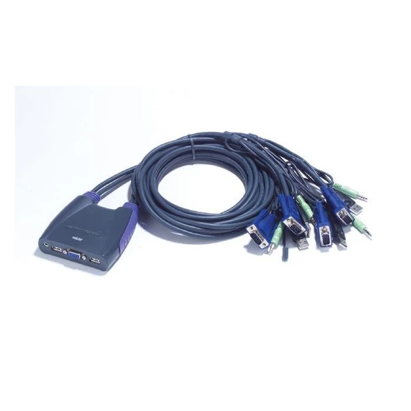 ATEN-CS64US 4 portlu USB KVM (Keyboard/Video Monitor/Mouse) Switch, Hoparlör bağlantısı mevcut, Masaüstü Tip, KVM bağlantı kablosu ürüne gömülüdür