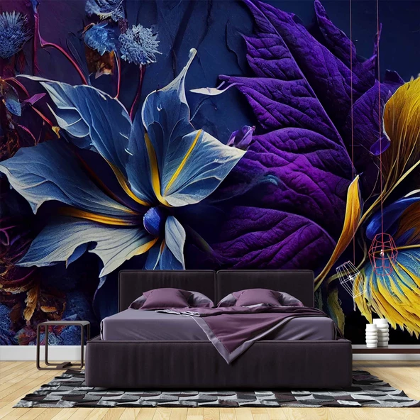 3 Boyutlu Mor Çiçek Temalı Duvar Kağıdı - Resim 9