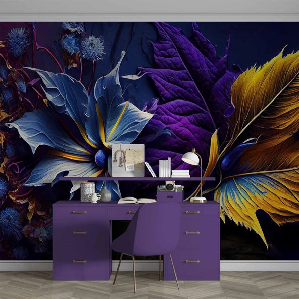 3 Boyutlu Mor Çiçek Temalı Duvar Kağıdı - Resim 4