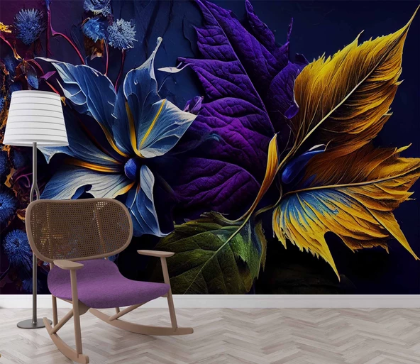 3 Boyutlu Mor Çiçek Temalı Duvar Kağıdı - Resim 6