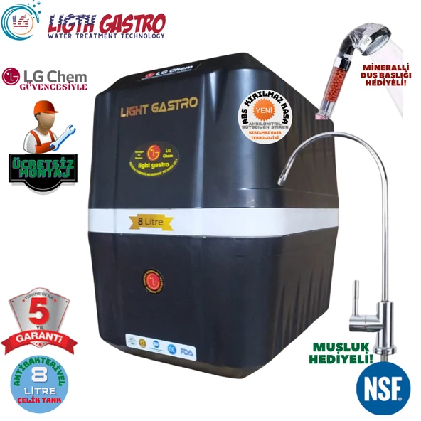 LİGHT GASTRO SİYAH BEYAZ MONTAJ DAHİL 8 LİTRE 7 FİLTRE 14 AŞAMA SU ARITMA CİHAZI
