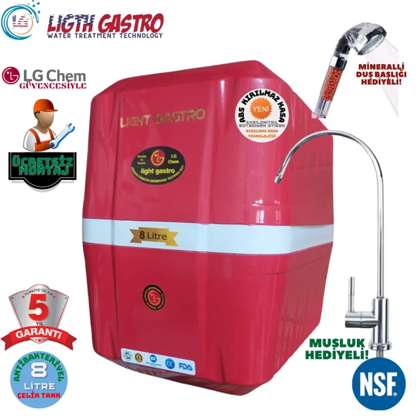 LİGHT GASTRO KIRMIZI BEYAZ MONTAJ DAHİL 8 LİTRE 7 FİLTRE 14 AŞAMA SU ARITMA CİHAZI