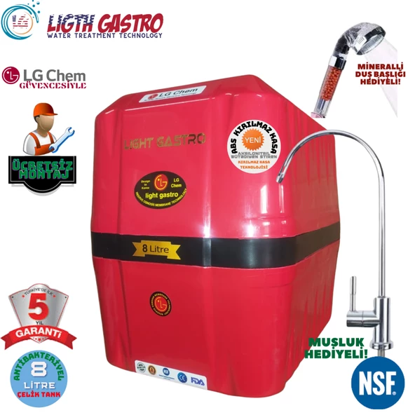 LİGHT GASTRO KIRMIZI SİYAH MONTAJ DAHİL 8 LİTRE 7 FİLTRE 14 AŞAMA SU ARITMA CİHAZI