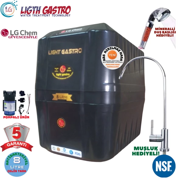 LİGHT GASTRO SİYAH POMPALI 8 LİTRE 5 FİLTRE 10 AŞAMA SU ARITMA CİHAZI