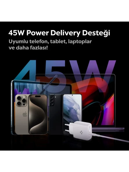 Spigen 45W USB-C Hızlı Şarj Aleti + Örgü Şarj Kablo Samsung PPS 2.0 / Isı Düşürücü GaN Destekli Akım Korumalı Güç - 3