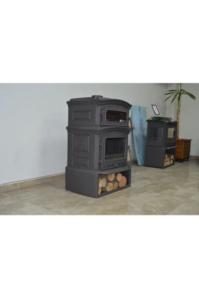 flamestove  Altara Premium FS-033 Ykst Tek Camlı Kuzineli Odunluklu Yan Kapaklı Döküm Soba