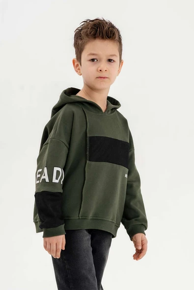 Kapüşonlu Ribanalı %100 Pamuk Üç İplik Erkek Çocuk Sweatshirt - Resim 5