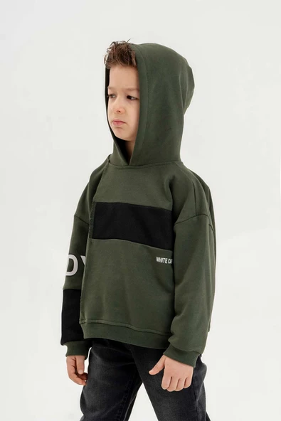 Kapüşonlu Ribanalı %100 Pamuk Üç İplik Erkek Çocuk Sweatshirt - Resim 4