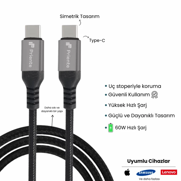 PD60CC 60W Örgülü Type-C To Type-C Hızlı Data/Şarj Kablosu 1.5 Metre (Priente Türkiye Garantili) - 2