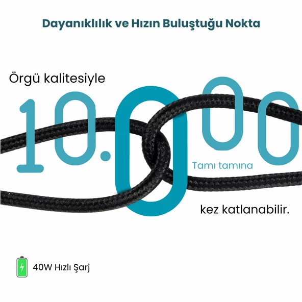 PD40CA 40W Örgülü Type-C To USB-A Hızlı Data/Şarj Kablosu 1.5 Metre (Priente Türkiye Garantili) - 4