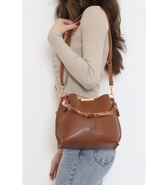 Koyu Yeşil Fular Detay Deri Çanta Kahve - Resim 2