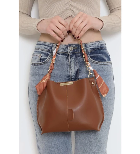 Koyu Yeşil Fular Detay Deri Çanta Kahve ürün görseli 1