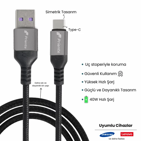 PD40CA 40W Örgülü Type-C To USB-A Hızlı Data/Şarj Kablosu 1.5 Metre (Priente Türkiye Garantili) - 3