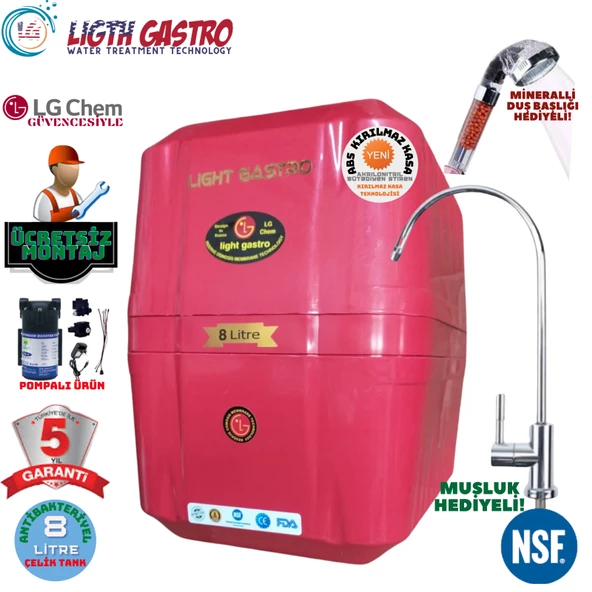 LİGHT GASTRO KIRMIZI POMPALI MONTAJ DAHİL 8 LİTRE 5 FİLTRE 10 AŞAMA SU ARITMA CİHAZI