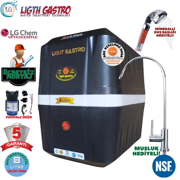 LİGHT GASTRO SİYAH BEYAZ POMPALI MONTAJ DAHİL 8 LİTRE 5 FİLTRE 10 AŞAMA SU ARITMA CİHAZI