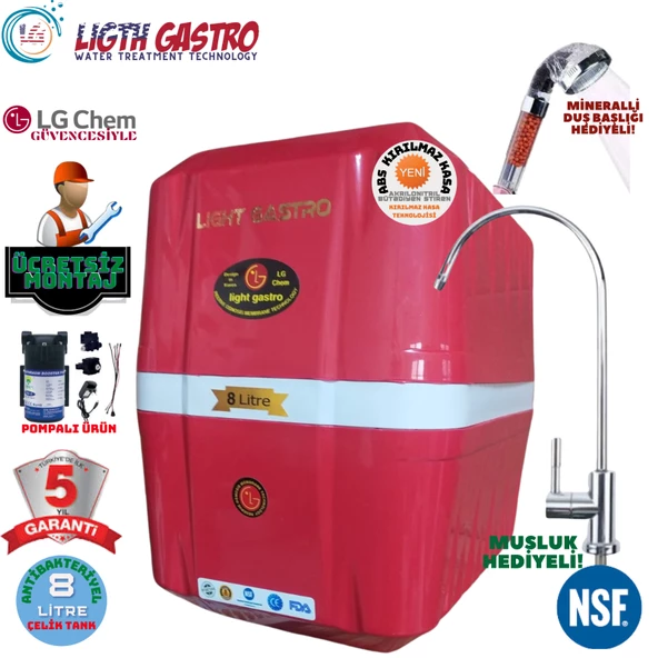 LİGHT GASTRO KIRMIZI BEYAZ POMPALI MONTAJ DAHİL 8 LİTRE 5 FİLTRE 10 AŞAMA SU ARITMA CİHAZI
