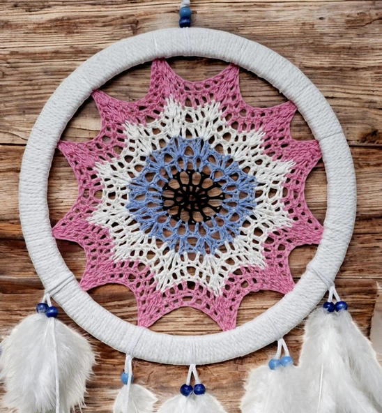 Pembe Nazar Motifli Kuş Tüylü Duvar Süsü - 2