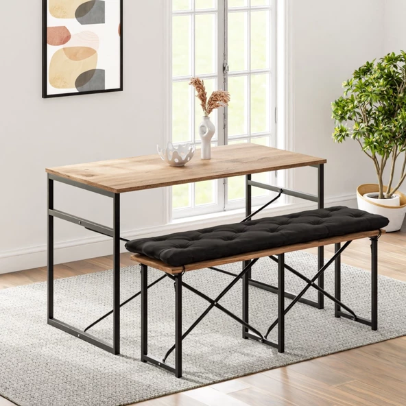 Eportatif Masa Takımı Bench Bank Minderli Masa Seti 120x60 Mutfak ve Yemek Masası Çam 1562