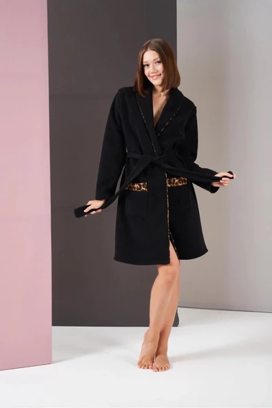 Pjs 26007 Kadın Polar Leopar Desenli Kuşaklı Sabahlık - 2