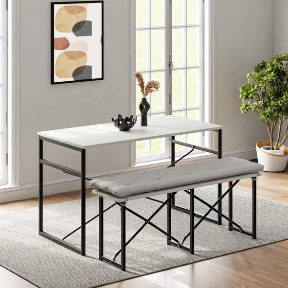 Eportatif Masa Takımı Bench Bank Minderli Masa Seti 120x60 Mutfak ve Yemek Masası Beyaz 1563