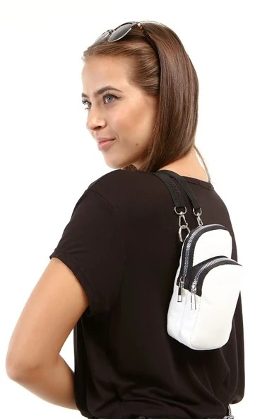 Beyaz Iki Gözlü Fermuarlı Ayarlanabilir Askılı Telefonluk Omuz Çantası - Resim 2