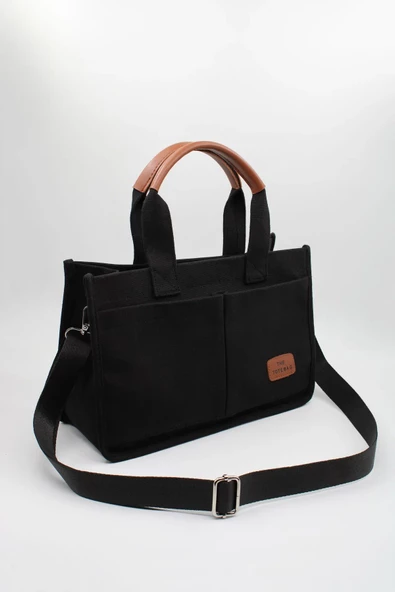 ToteBag Kadın Siyah Kanvas Kumaş Ön Cepli Tote Bag El Ve Omuz Çantası - Resim 2