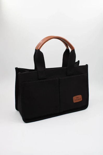 ToteBag Kadın Siyah Kanvas Kumaş Ön Cepli Tote Bag El Ve Omuz Çantası ürün görseli 1