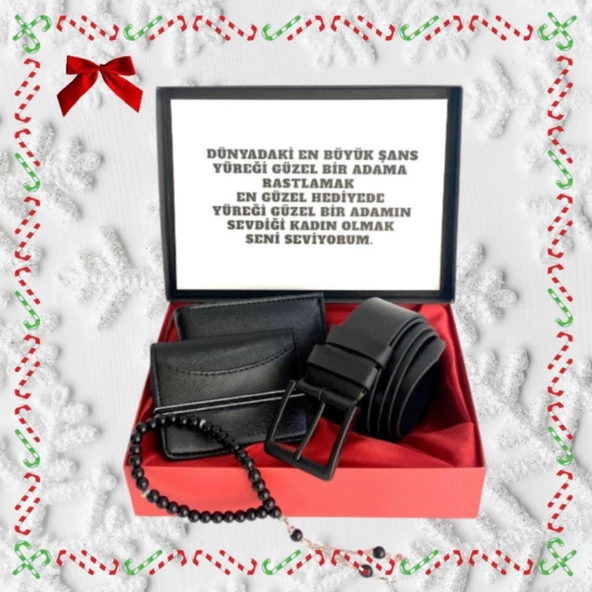 Erkek Hediye Set Siyah Deri Cüzdan Kemer Kartlık Tesbih