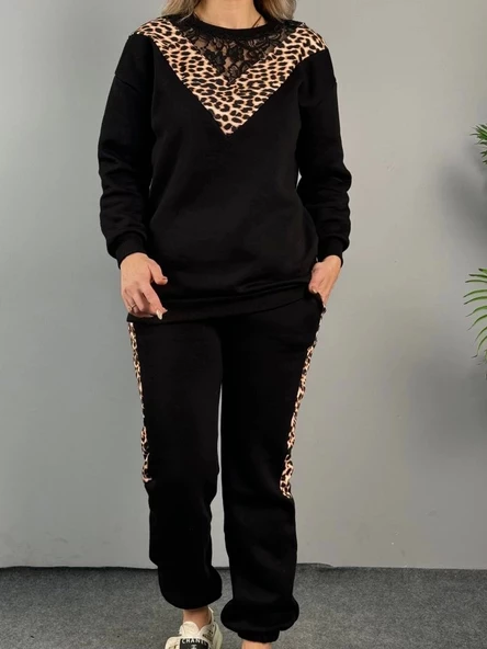 Kadın üç Iplik Kumaş Leopar Desenli Dantel Detaylı Ikili Takım - Resim 5
