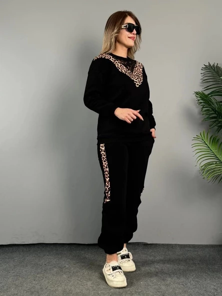 Kadın üç Iplik Kumaş Leopar Desenli Dantel Detaylı Ikili Takım - Resim 2