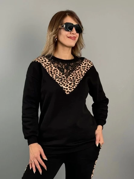 Kadın üç Iplik Kumaş Leopar Desenli Dantel Detaylı Ikili Takım - Resim 6