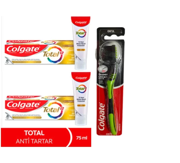 Colgate Dıs Macunu Total Antı Tartar 75 ml + Colgate Süper Clean Black Orta Diş Fırçası 2+1