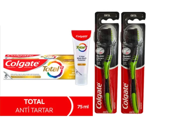 Colgate Dıs Macunu Total Antı Tartar 75 ml + Colgate Süper Clean Black Orta Diş Fırçası 1+2