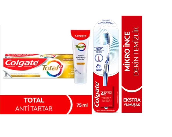 Colgate Dıs Macunu Total Antı Tartar 75 ml + Colgate Mikro Ince Advanced Manuel Diş Fırçası 1+1