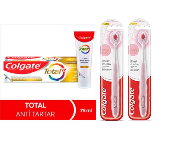 Colgate Diş Macun Total Antı Tartar Beyazlık 75 ml 1+Foamsoft Diş Eti Masajı Yumuşak Diş Fırça 2 Adet