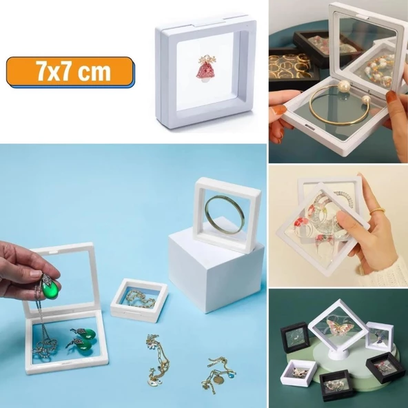 Saklama Takı Kutusu Güvenli Şeffaf Film Çerçeveli Geniş Boyutlu 7cmx7cm Standlı 3D Saklama Kutusu - 7
