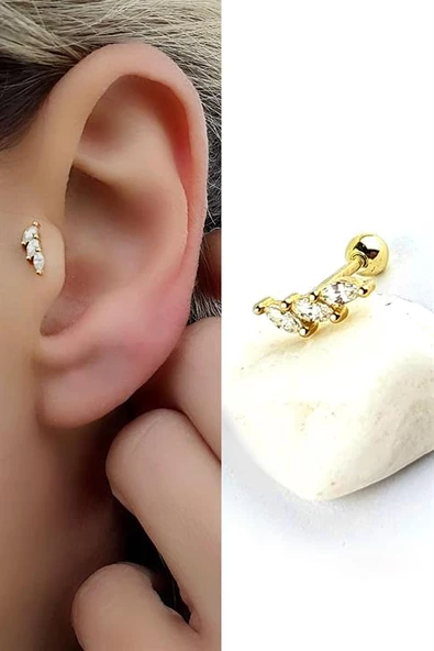 Zirkon Taşlı 925Ayar Gümüş Üzerine Altın Kaplama Tragus Kıkırdak Helix Piercing ürün görseli