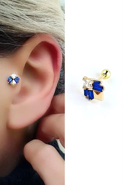 Lacivert Baget Zirkon Taş Detaylı 925Ayar Gümüş Üzerine Altın Kaplama Luxury Tasarım Tragus Kıkırdak Helix Piercing ürün görseli