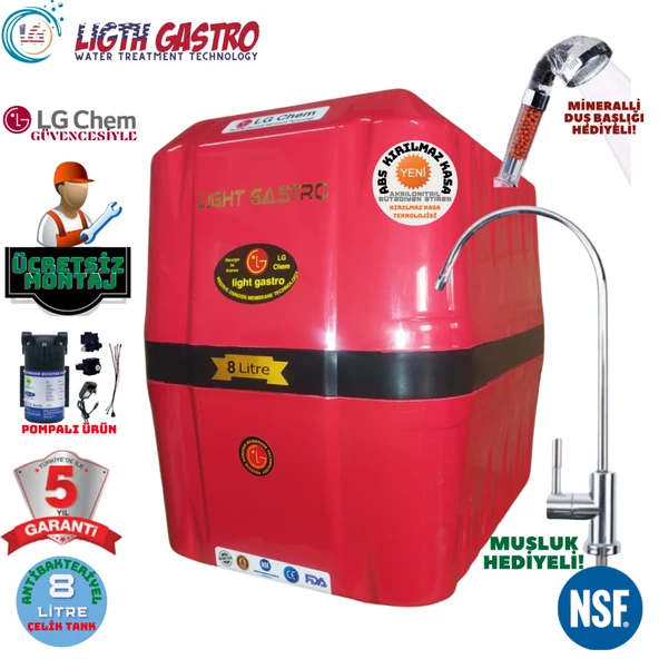 LİGHT GASTRO KIRMIZI SİYAH POMPALI MONTAJ DAHİL 8 LİTRE 5 FİLTRE 10 AŞAMA SU ARITMA CİHAZI - 1