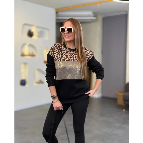 Lucky Life Kadın üç Iplik şardonlu Kumaş Leopar Desenli Bluz - 2