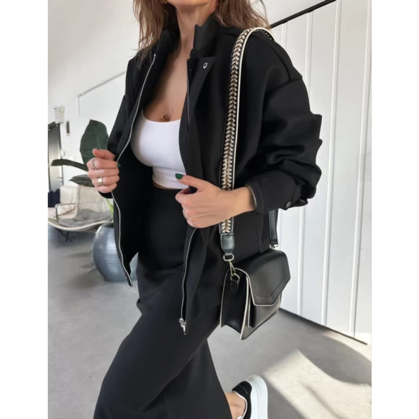 RYSE Mevsim Kaşe Fermuarlı Ceket Etek Takım Kaşmir Ceket Etekli  İkili Takım Kaşe Bomber Ceket-Etek Takım - 2