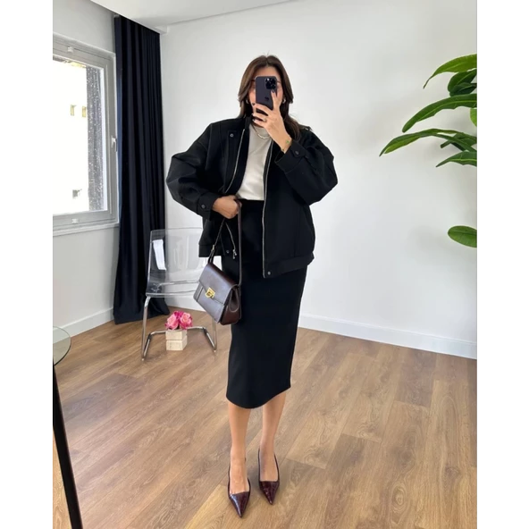 RYSE Mevsim Kaşe Fermuarlı Ceket Etek Takım Kaşmir Ceket Etekli  İkili Takım Kaşe Bomber Ceket-Etek Takım - 4